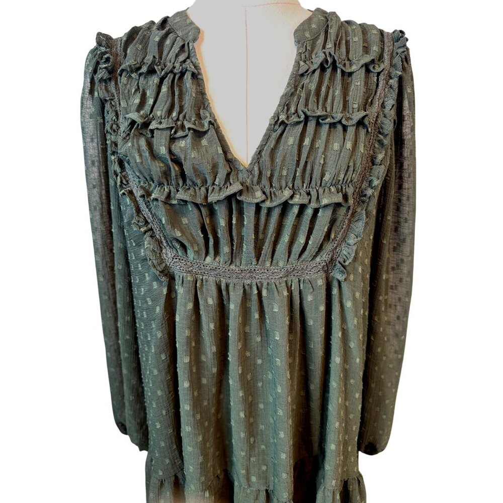 2/$30 ZARA Olive Green Small Sheer Textured Long Sleeve Dress - Picture 6 of 15